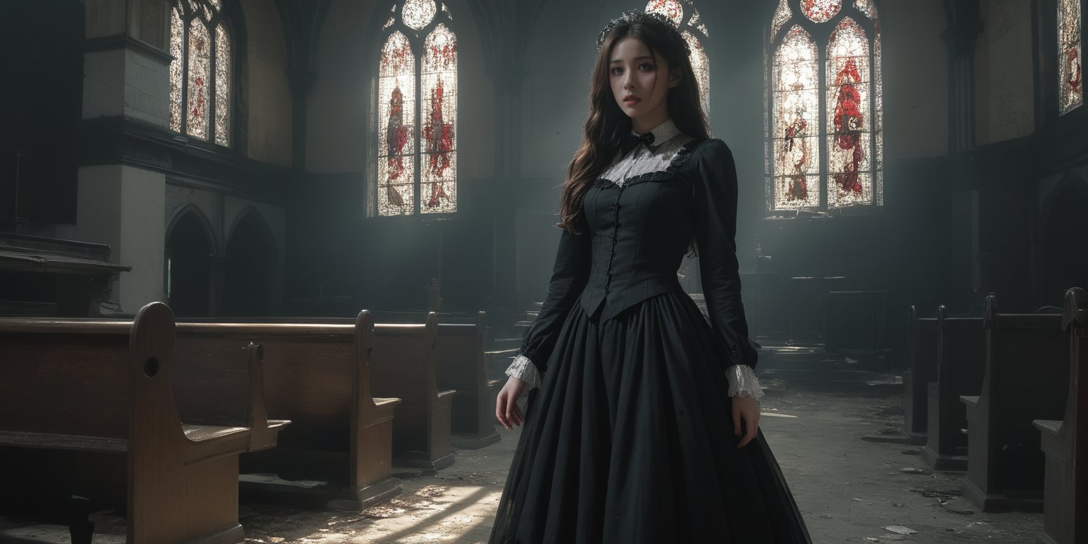 A hauntingly eerie close-up captures the intensity of a Gothic Lolita clad in a long black dress, standing amidst the chaos of an abandoned church. The ground is littered with Zombie Corpses, their lifeless bodies eerily illuminated by the faint light filtering through the stained glass windows. Her dark locks cascade down her pale skin as she gazes away, her eyes seemingly lost in thought. A crimson-stained hemline on her dress hints at the gruesome reality surrounding her. In one hand, she grasps a shotgun, ready to face whatever horrors lie ahead.