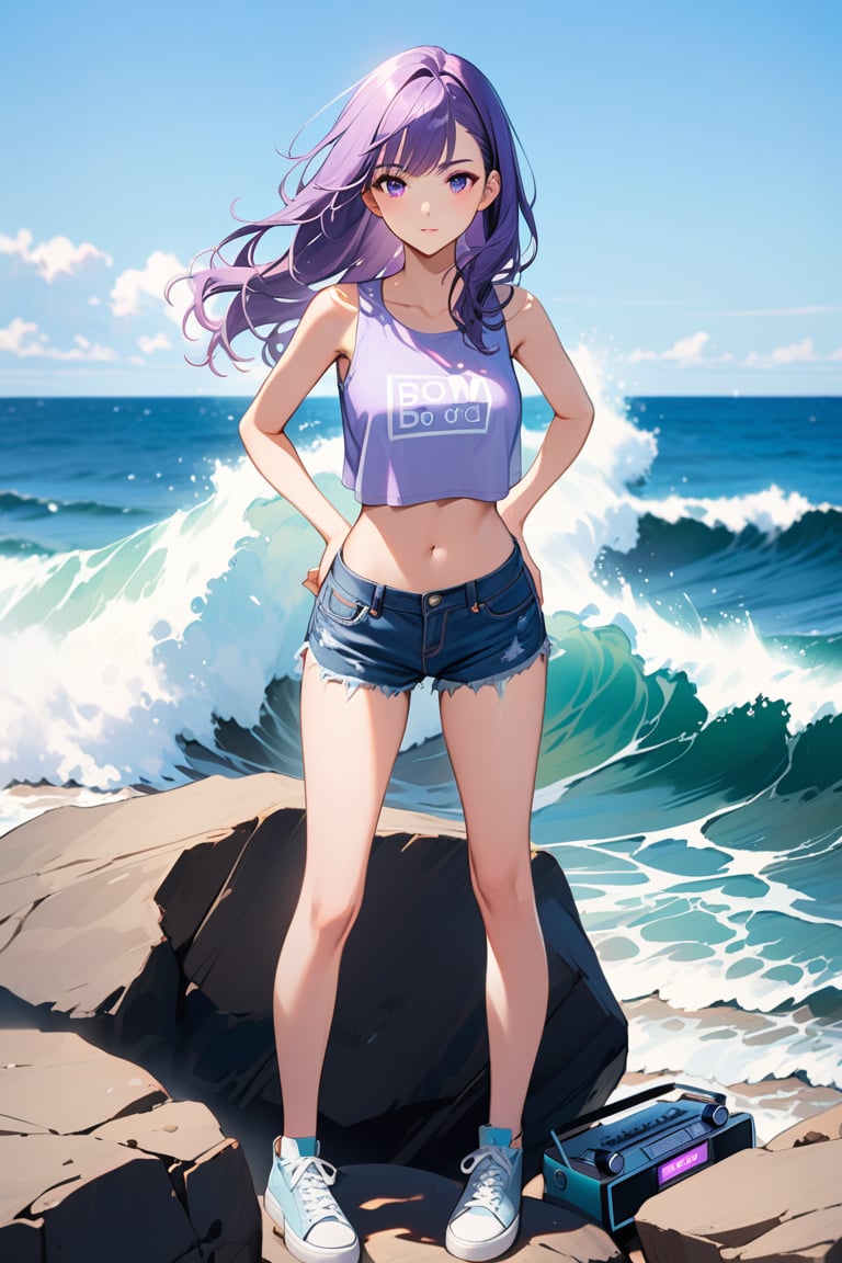 Generates a delicate image of a girl holding up aboombox. A 24-year-old purple-haired girl stands on a boulder on the coast and uses the boombox to show the viewer her confidence and beauty. She wears a sleeveless top and denim shorts, with the spectacular waves in the background,