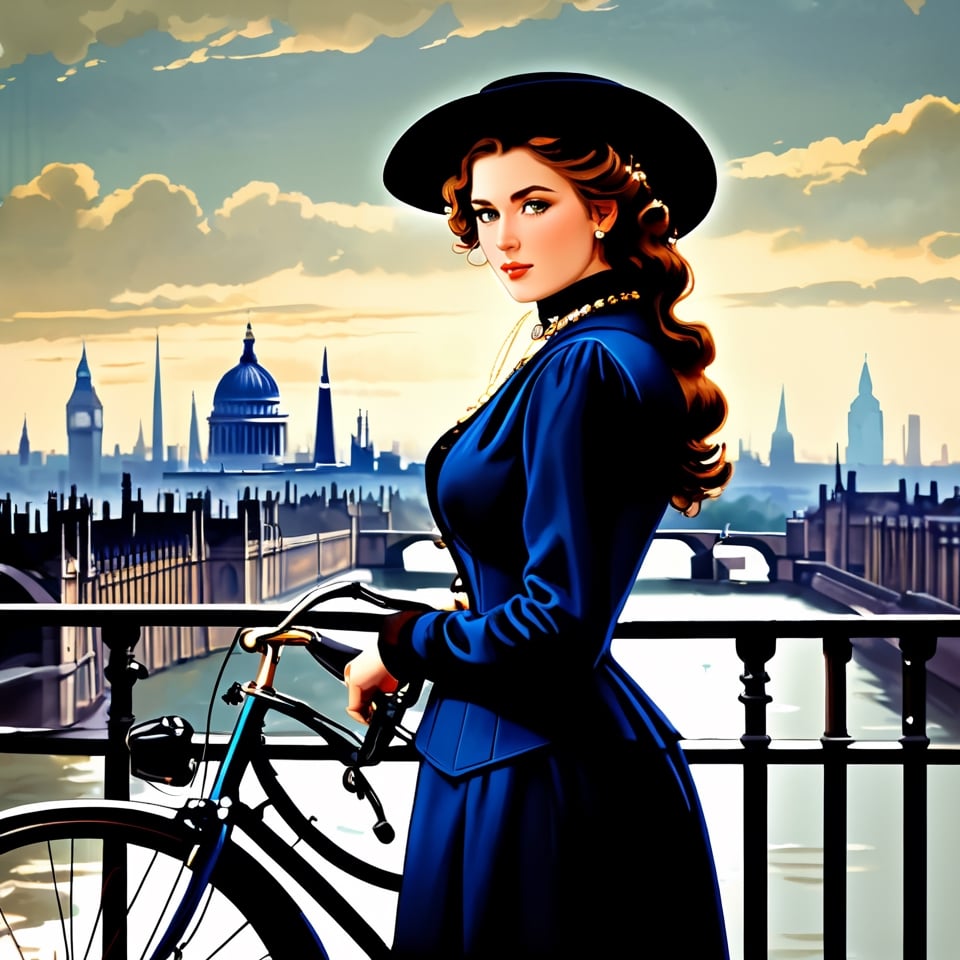 During the Industrial Revolution, a 25yo, noble girl stood next to a bicycle, with a beautiful face and eyes, extremely gorgeous retro clothes, big breasts, and jewelry. London was in the background.