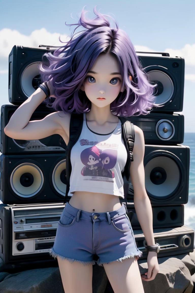 Generates a delicate image of a girl holding up aboombox. A 17-year-old purple-haired girl stands on a boulder on the coast and uses the boombox to show the viewer her confidence and beauty. She wears a sleeveless top and denim shorts, with the spectacular waves in the background,Expressiveh,Movie Still