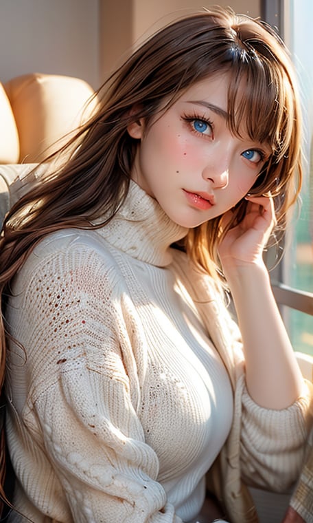 An attractive woman with piercing blue eyes and luscious brown hair wearing a warm sweater and sleek turtleneck sits quietly against a pastel winter background. Her upper body is carefully rendered to accentuate the soft appeal of her slightly parted lips and subtle freckles. Her hair is slightly messy, she exudes a relaxed elegance, and her smooth and sexy white legs add a warm glow to this comfortable winter day.