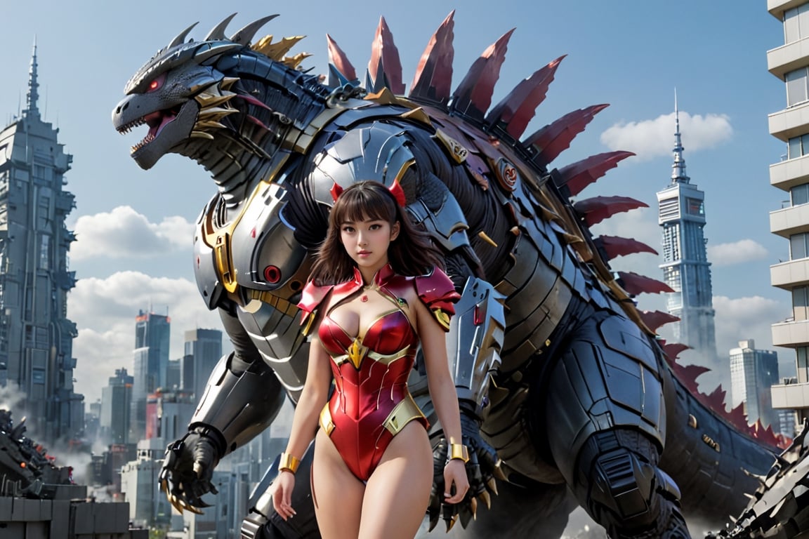 Mecha Girl vs. Godzilla!!
Godzilla is wreaking havoc in Tokyo, causing damage to the city and making it very dangerous.
The mecha girl goes to stop Godzilla, causing a huge explosion, which is very exciting.
The girl who became a giant (120 meters), high-tech armor (no mask), tokusatsu movie, hourglass body shape, full body, background is Tokyo city, beauty, beautiful face, realism: 1.3, best quality, masterpiece, extremely lifelike,DonMD1g174l4sc3nc10nXL ,high rise apartment,More Reasonable Details,Gold,Red mecha,Godzilla,more detail XL,BugCraft