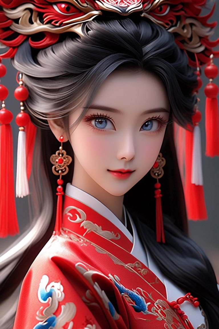 Beautiful Korean girl, 16 years old, happy expression, high-precision beautiful irises, blue eyes, (big breasts), (deep cleavage), (long hair), smooth hair,

Wearing red traditional Chinese costumes (dragon and phoenix hanging, Xiuhe suit, cheongsam, Malay hanging, Hanfu, phoenix crown shawl), the embroidery patterns are exquisite and beautiful, the colors are bright, the needlework is fine, and the headscarf is decorated with jewelry and beads, adding to the elegance breath. Earrings, necklaces, bracelets and other accessories. accessories, red soles, boots, extremely realistic, full body, better_hands, hanfu, 1 girl,better_hands