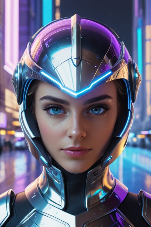 A photorealistic portrait of a royal knight girl in futuristic armor, with sleek, metallic surfaces that reflect a neon-lit cityscape. The armor is intricately detailed with holographic emblems and glowing circuits, giving it a high-tech, regal appearance. The knight’s face is partially covered by a transparent, visor-like helmet, revealing sharp, noble features and piercing eyes. The background is a bustling futuristic city with towering skyscrapers and flying vehicles, bathed in cool blue and purple hues.