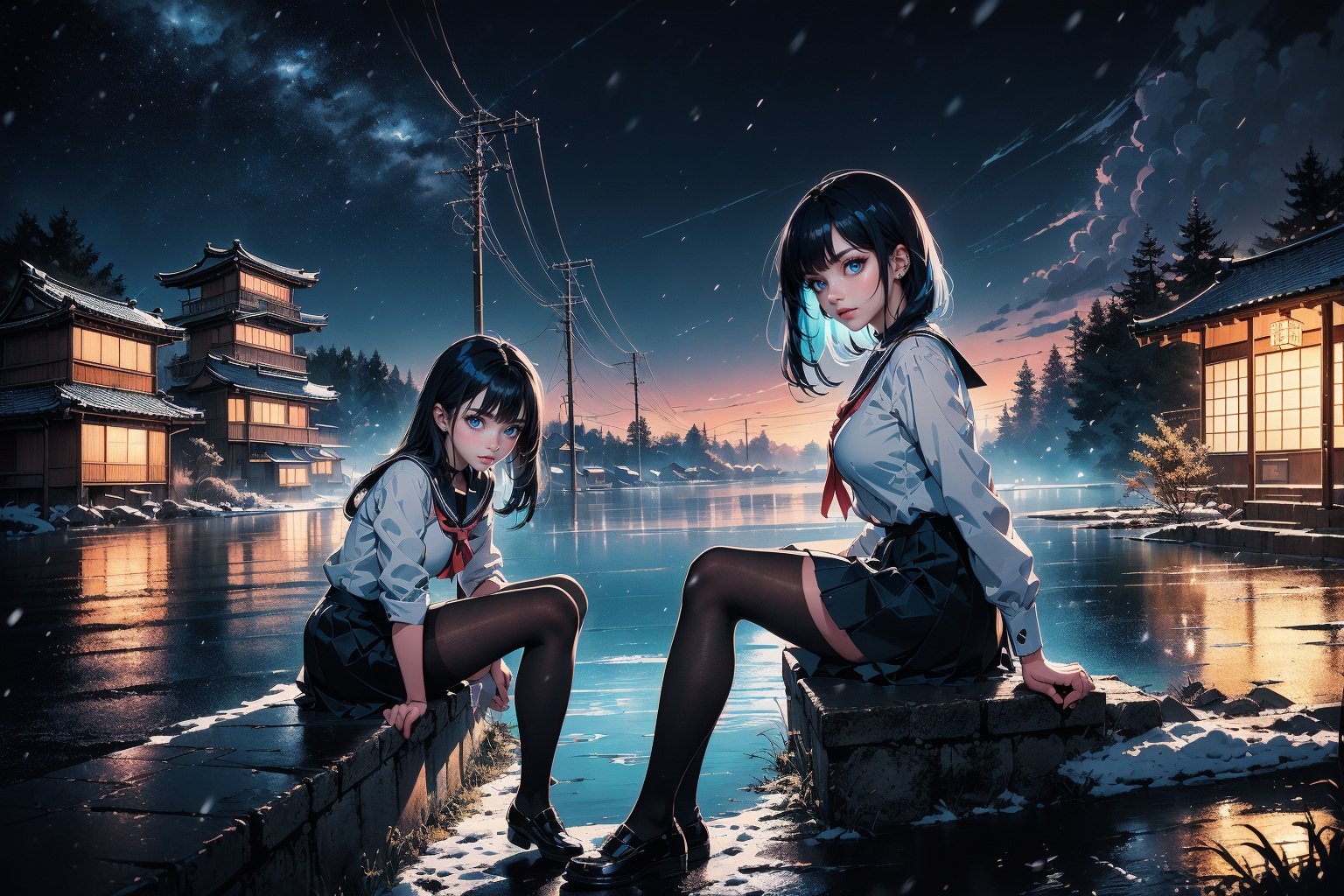 professional digital art of ((teenage, thin, long black hair & blue hair, two-tone hair)), and big breasts two girl wearing ((Japanese school uniform)) & ((black pantyhose)) lofi painting, Character focus, digital art, beautiful composition, trending on artstation ,civitai and deviantart, Night time & snowing around lake, sitting on the grassland.