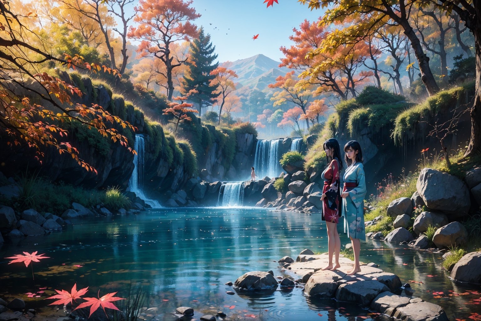 -****Two schoolgirl***** ((big breasts, thin, Slim legs))
-Two girl is Black blue hair 
-Professional digital art
-lofi painting
-digital art 
-beautiful composition

wearing - ((Japanese Japanese kimono)) & ((barefoot)).

background -  Japanese valley(River), falling down red leaves, splash water

time - night, a lot star, a lot firefly