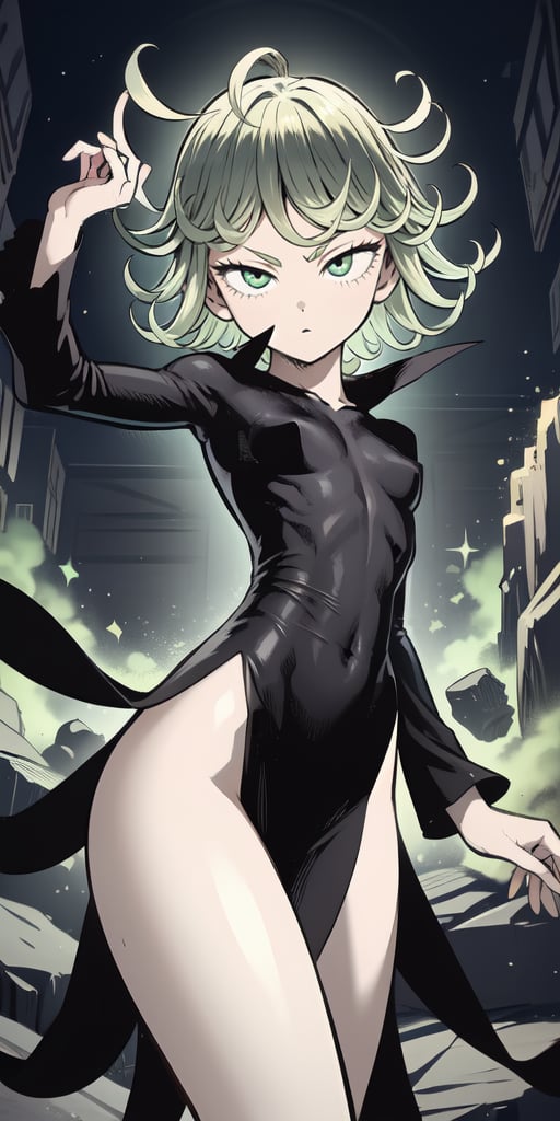 masterpiece, best quality, 1 girl, tatsumaki, green hair, green eyes, iom, 1 girl, alone, looking at viewer, short hair, long sleeves, dress, cowboy photo, small breasts, covered navel, floating hair, side slit, floating, curly hair, telekinesis, more curvy, levited stones, power, random_pose,green aura
