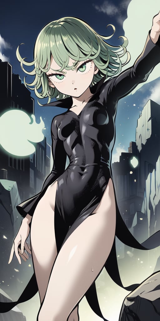 masterpiece, best quality, 1 girl, tatsumaki, green hair, green eyes, iom, 1 girl, alone, looking at viewer, short hair, long sleeves, dress, cowboy photo, small breasts, covered navel, floating hair, side slit, floating, curly hair, telekinesis, more curvy, levited stones, power, random_pose,green aura
