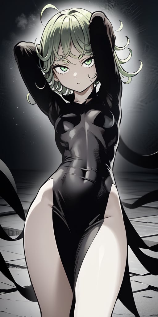 masterpiece, best quality, 1 girl, tatsumaki, green hair, green eyes, iom, 1 girl, alone, looking at viewer, short hair, long sleeves, dress, cowboy photo, small breasts, one arm up, hands behind head, covered navel, floating hair, side slit, floating, curly hair, telekinesis, high curvy, levited stones, breaking floor
