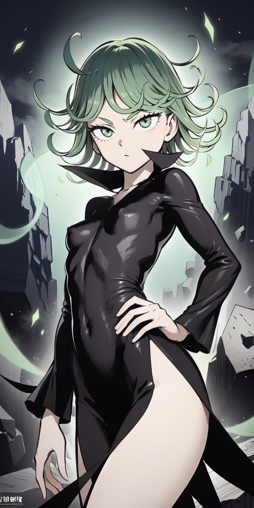 masterpiece, best quality, 1 girl, tatsumaki, green hair, green eyes, iom, 1 girl, alone, looking at viewer, short hair, long sleeves, dress, cowboy photo, small breasts, covered navel, floating hair, side slit, floating, curly hair, telekinesis, more curvy, levited stones, power, random_pose,no_nipples,green aura
