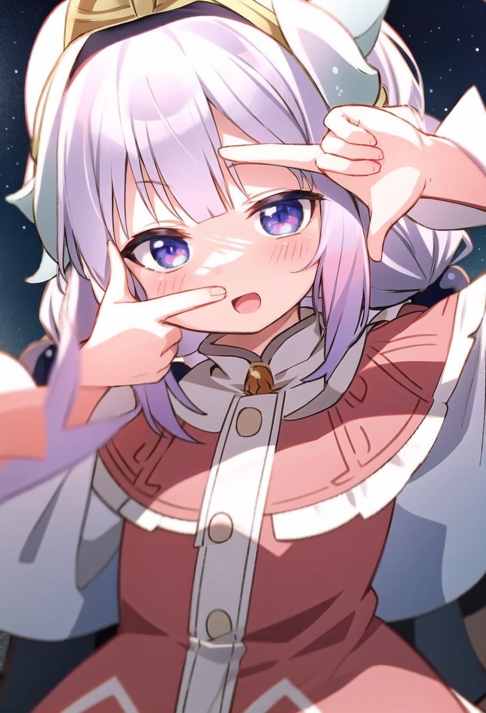 1girl,Kanna Kamui, tiny horns,finger frame