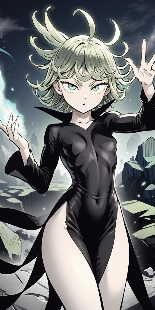 masterpiece, best quality, 1 girl, tatsumaki, green hair, green eyes, iom, 1 girl, alone, looking at viewer, short hair, long sleeves, dress, cowboy photo, small breasts, covered navel, floating hair, side slit, floating, curly hair, telekinesis, more curvy, levited stones, power, random_pose,green aura
