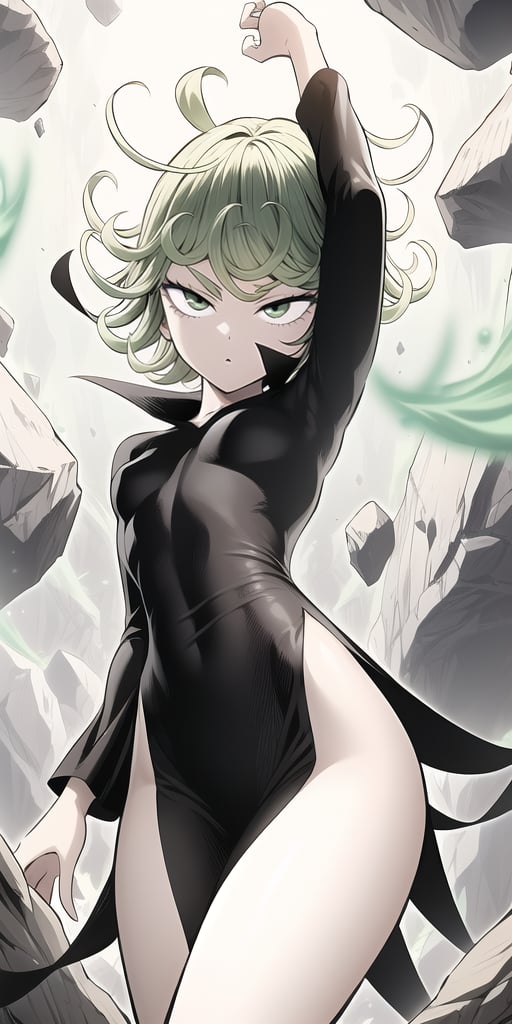 masterpiece, best quality, 1 girl, tatsumaki, green hair, green eyes, iom, 1 girl, alone, looking at viewer, short hair, long sleeves, dress, cowboy photo, small breasts, covered navel, floating hair, side slit, floating, curly hair, telekinesis, more curvy, levited stones, power, random_pose,green aura
