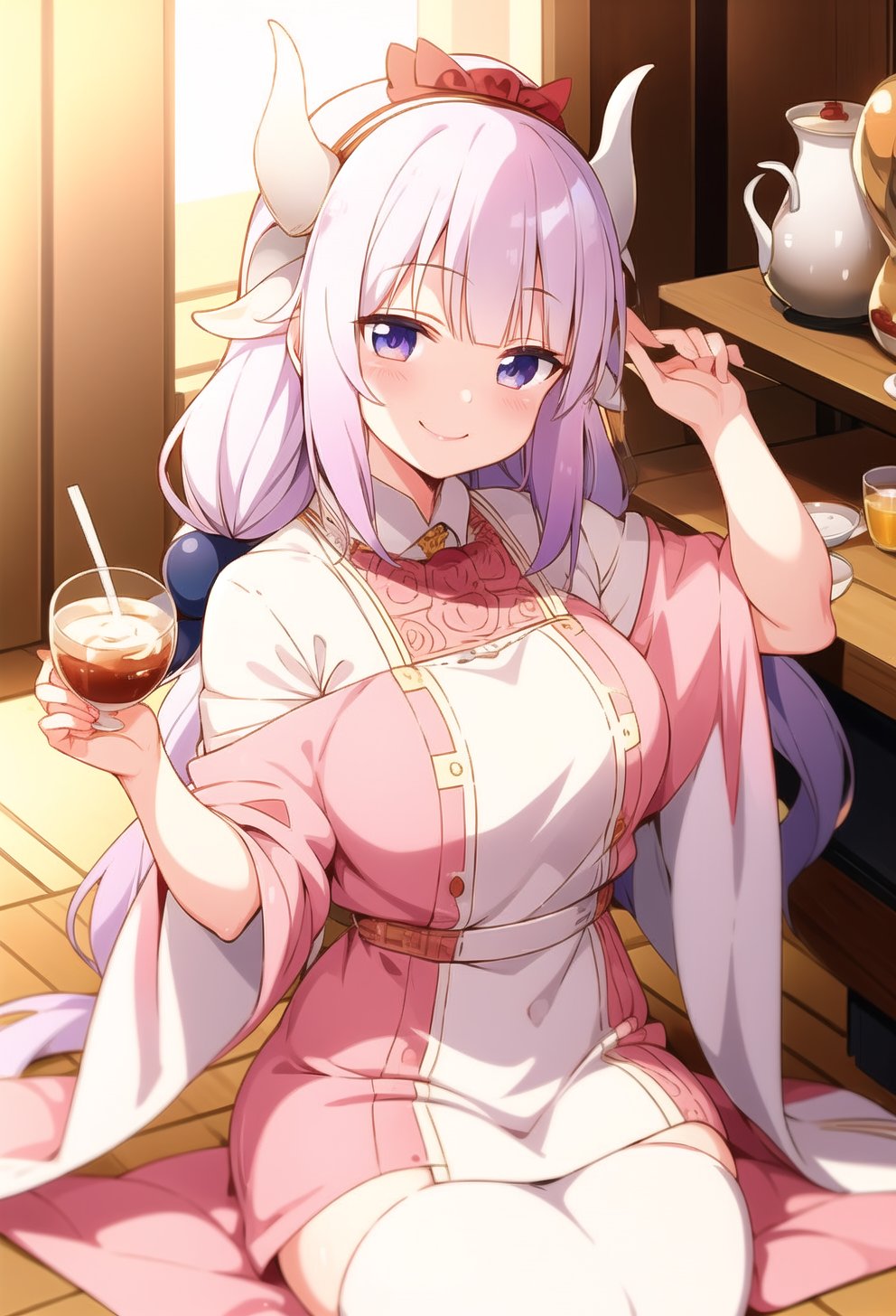 1girl,Kanna Kamui, tiny horns, happy, smile, tea drink, mature_female