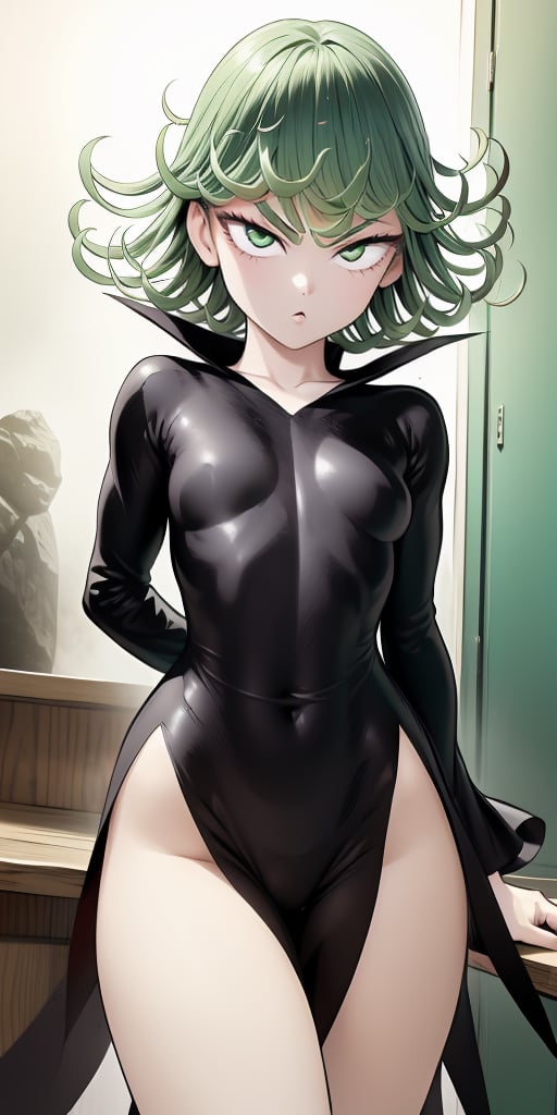 masterpiece, best quality, 1 girl, tatsumaki, green hair, green eyes, iom, 1 girl, alone, looking at viewer, short hair, long sleeves, dress, cowboy photo, small breasts, covered navel, side slit, more curvy,IncrsPajChal,multiple views