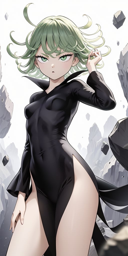 masterpiece, best quality, 1 girl, tatsumaki, green hair, green eyes, iom, 1 girl, alone, looking at viewer, short hair, long sleeves, dress, cowboy photo, small breasts, covered navel, floating hair, side slit, floating, curly hair, telekinesis, more curvy, levited stones, power, random_pose,green aura
