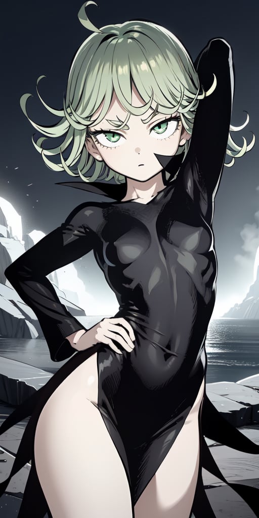 masterpiece, best quality, 1 girl, tatsumaki, green hair, green eyes, iom, 1 girl, alone, looking at viewer, short hair, long sleeves, dress, cowboy photo, small breasts, one arm up, hands behind head, covered navel, floating hair, side slit, floating, curly hair, telekinesis, curvy
