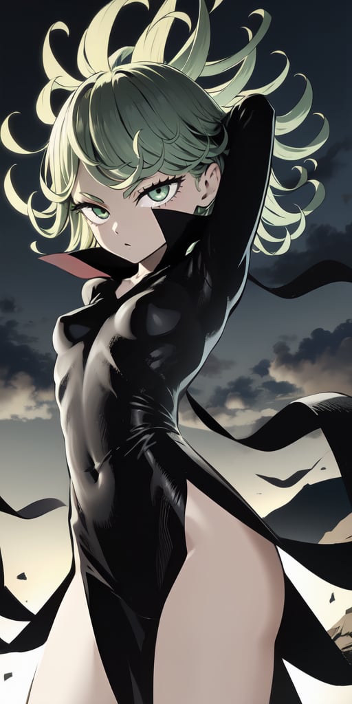 masterpiece, best quality, 1 girl, tatsumaki, green hair, green eyes, iom, 1 girl, alone, looking at viewer, short hair, long sleeves, dress, cowboy photo, small breasts, one arm up, hands behind head, covered navel, floating hair, side slit, floating, curly hair, telekinesis, more curvy, levited stones, power
