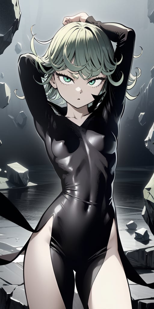 masterpiece, best quality, 1 girl, tatsumaki, green hair, green eyes, iom, 1 girl, alone, looking at viewer, short hair, long sleeves, dress, cowboy photo, small breasts, one arm up, hands behind head, covered navel, floating hair, side slit, floating, curly hair, telekinesis, high curvy, levited stones, power
