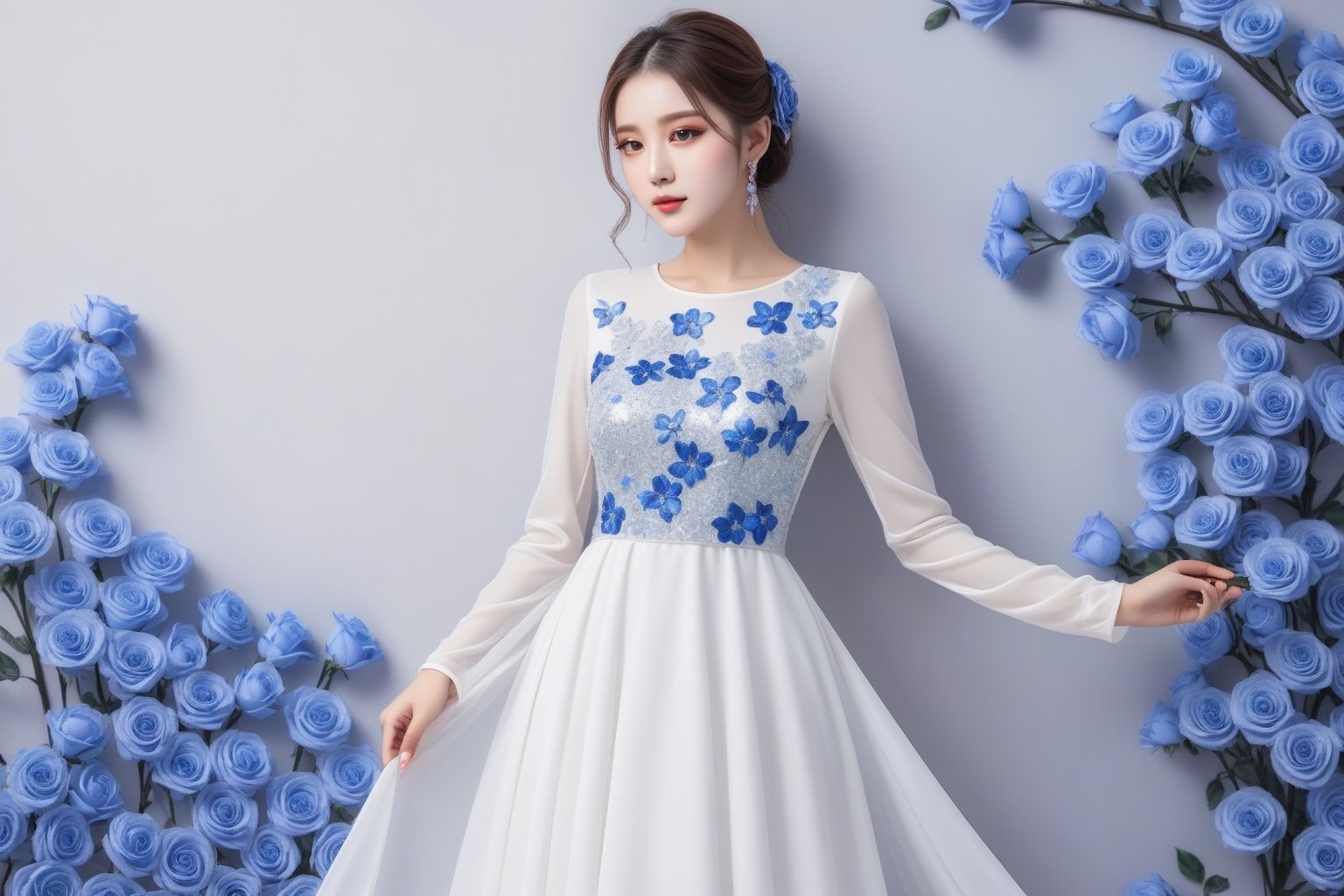 A long white glitter dress ,long sleeve with sparkling small blue sakura roses 