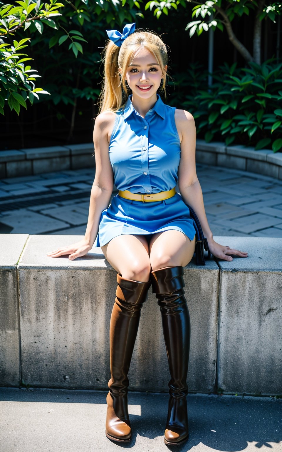 masterpiece, best quality, highres, lucy heartfilia, blonde hair, long hair, side ponytail, blue ribbon, earrings, thigh boots, blue shirt, sleeveless shirt, white skirt, Garter strap, high Heels, smile, looking at viewers, fullbody, outdoors, natural lighting,lucy heartfilia