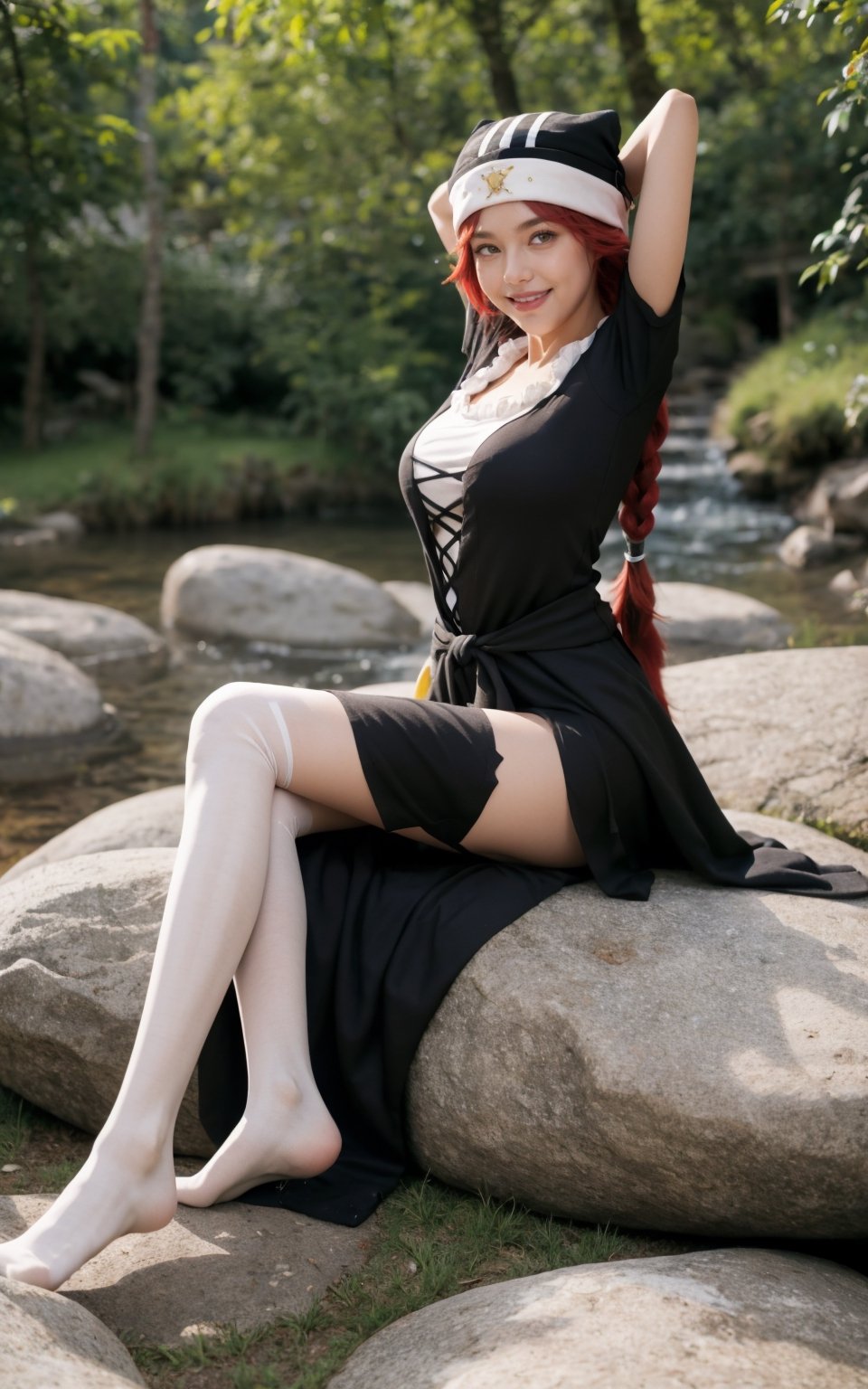 masterpiece, best quality, 1girl, lupusregina, red hair, long hair, twin braids, yellow eyes, (glowing eyes:0.5),  dress, hat, maid, white thighhighs, sitting on rock, Cross-legged, arms behind head, smile, looking at viewer, fullbody, outdoors, natural lighting, upusregina,lupusregina