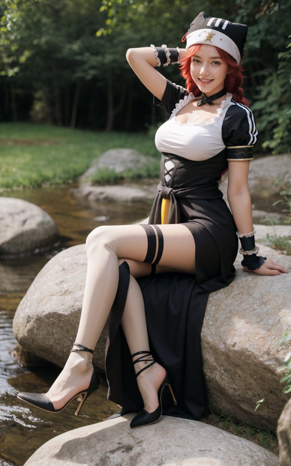 masterpiece, best quality, 1girl, lupusregina, red hair, long hair, twin braids, yellow eyes, (glowing eyes:0.5),  dress, hat, maid, white thighhighs, garter strap, high Heels, sitting on rock, Cross-legged, arms behind head, smile, looking at viewer, fullbody, outdoors, natural lighting, upusregina,lupusregina