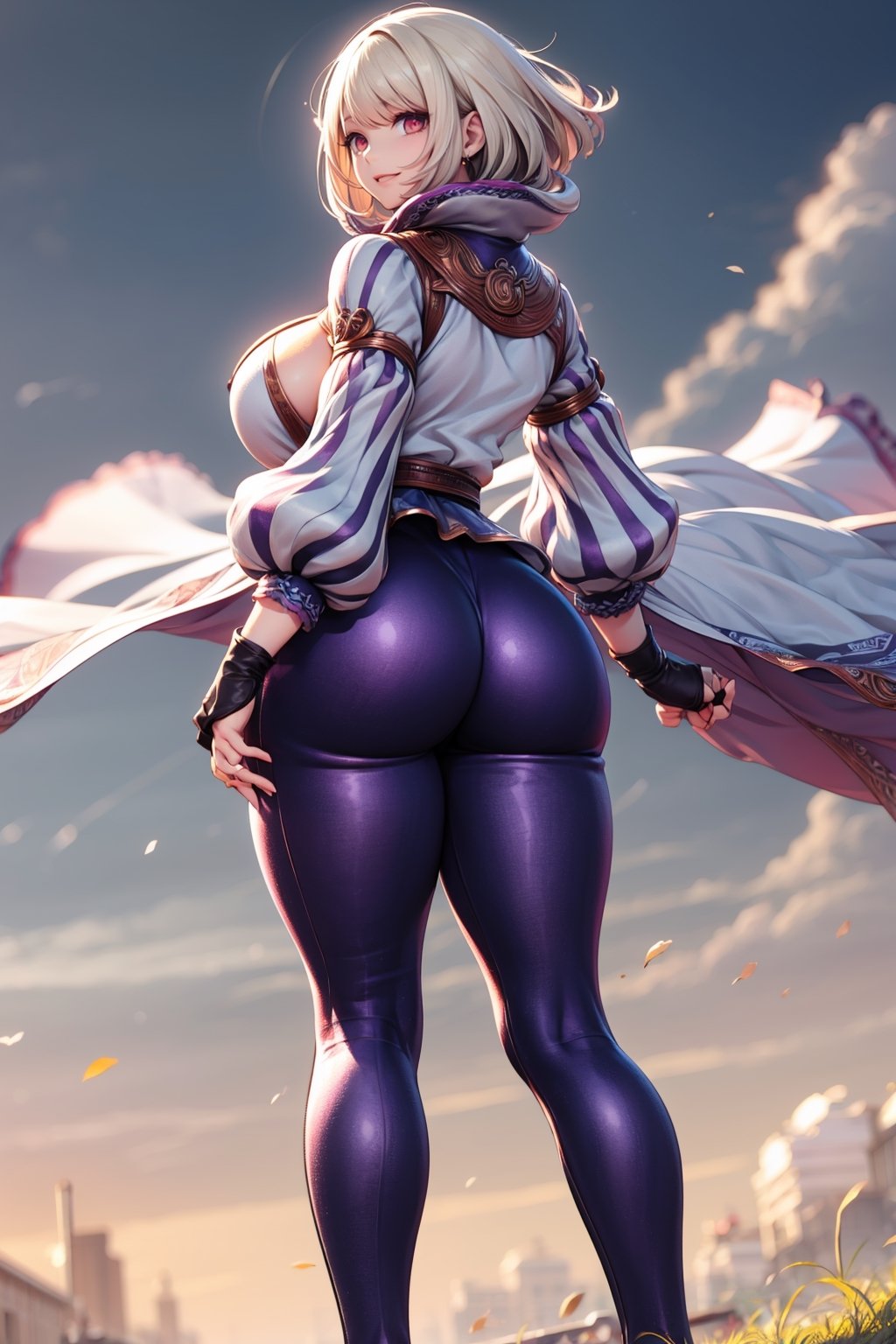 masterpiece, best quality, waifu, illustration,  pwrgirl, (full body, back side view), (looking back at viewer), blonde hair, short hair, cape, leotard, cleavage cutout, (long sleeves), (blue elbow gloves), red belt, large breasts, floating, (flying), sky, smile,wide hips, thin waist, better_hands,Color Booster, (thicc, curvaceous, voluptuous, skindentation), windy, hands on hips, (fat ass),best quality,Nymeia