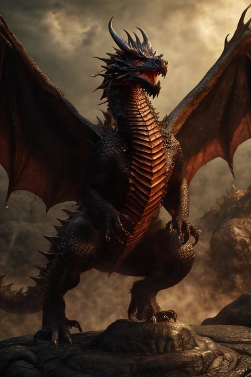 Detailed ultra-realistic full body shot of a big red gragon, it is raining, he is on the stone abyss, two wings, two legs, two arms, detailed eyes, masterpiece, highly detailed, sharp soft focus, 8k, perfect and detailed eyes, best quality,realistic,1dragon