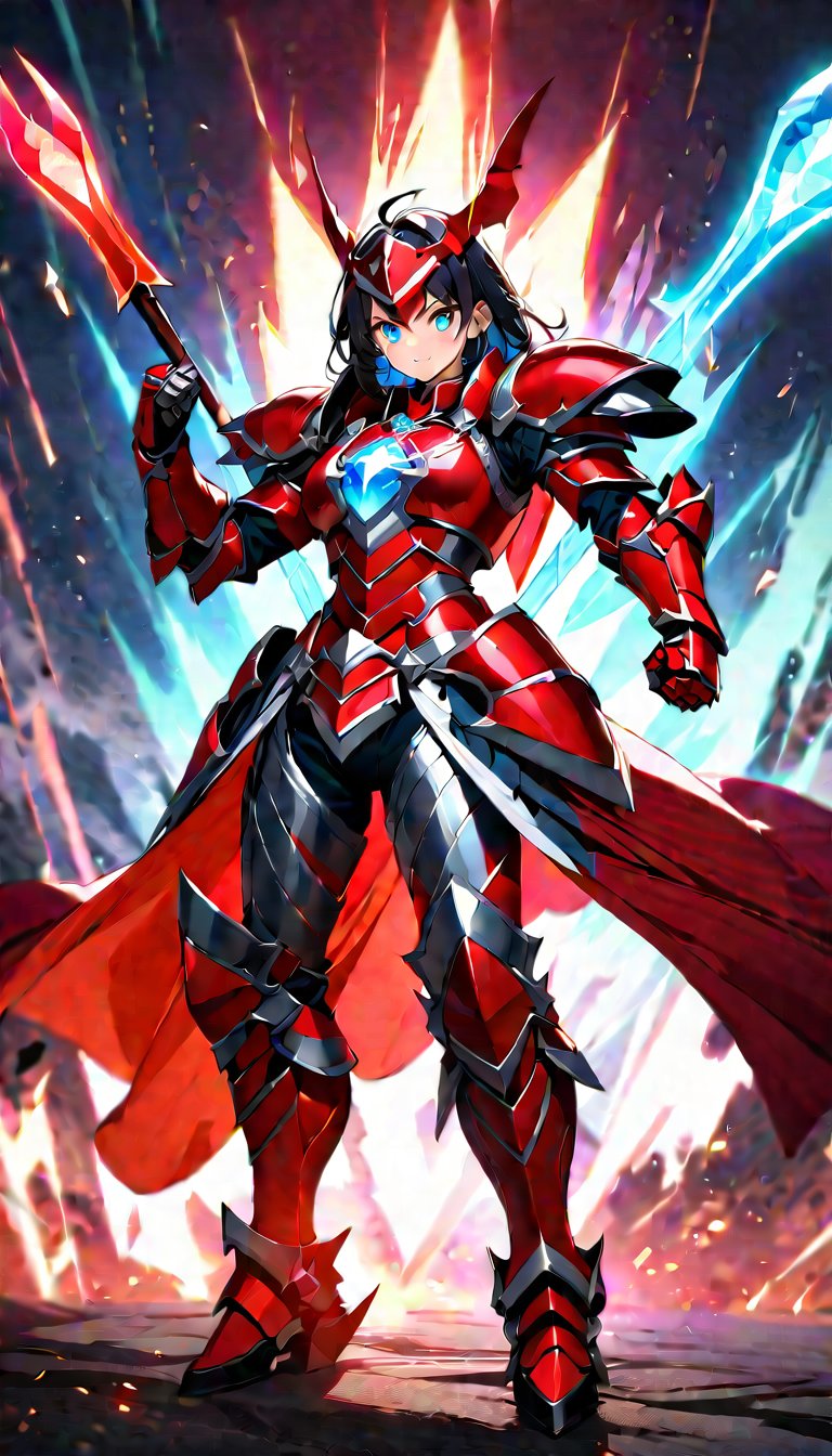 ((high quality: 1.4)), ((masterpiece: 1.4)), ((high res: 1.4)) , ((detailed outfit: 1.4)), ((perfect anatomy)), japanese anime style girl, ((detailed full body shot)), (detailed eyes), (nice hands), (perfect hands), (detail hands), melee battle stance, fantasy style, ((character theme: fantasy knight, benevolent, gene, DNA, prism, awakened light and dark hero)), wearing royal king full plate armour((silver colors: 1.4), (red colors: 1.4)), headgear, ((gem in headgear)), ((blue gem in chest armor: 1.4)), pauldrons, ((gem in pauldrons)), armored belt, tassets, ((gem in armored belt)), armored trousers, ((glowing red tech patterns in outfit)), ((gem in armor tassets)), gauntlets, ((gem in gauntlets)), (full_armor_with_glow_rune_texture: 1.4), ((red tech patterns in full armor)), ((right hands wielding a trident: 1.4)), black hair, glowing blue eyes, fanged bangs, dark_element, energy absorption ability, energy conversion ability, psionic ability, darkness manipulation ability, divine magic ability, elemental absorption ability, potential realization ability, heavy acceleration ability, acceleration ability