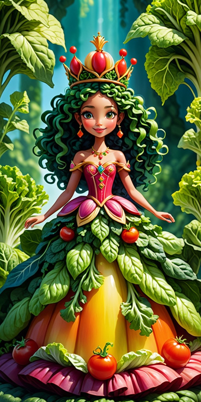 A princess made entirely of vegetables, her gown a vibrant array of lettuce, carrots, and tomatoes. Her hair, a cascade of curly kale, adorned with a crown of radishes and cucumbers. She stands tall and regal, her eyes bright with the colors of her vegetable kingdom. This vegetable princess radiates freshness and health, a whimsical and unique creation of nature's bounty.