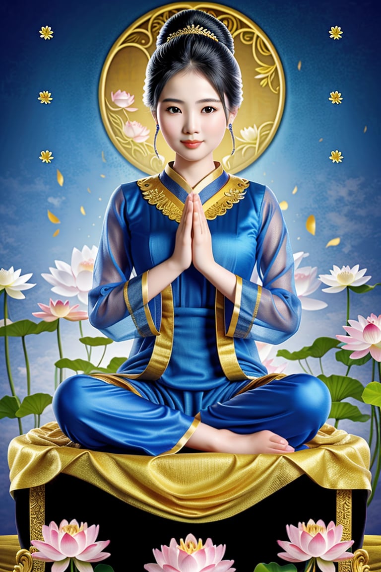 A beautiful painting of Nang Kwak, a beautiful Thai woman in rich blue clothing. Her serene face is framed by her finely styled hair, and her hands are raised in a graceful gesture, calling for good fortune and luck. She sits on a pedestal covered with golden cloth, surrounded by lotus flowers, with a gentle, heavenly glow enhancing the sacredness of the scene. --ar 9:16 --raw style --style