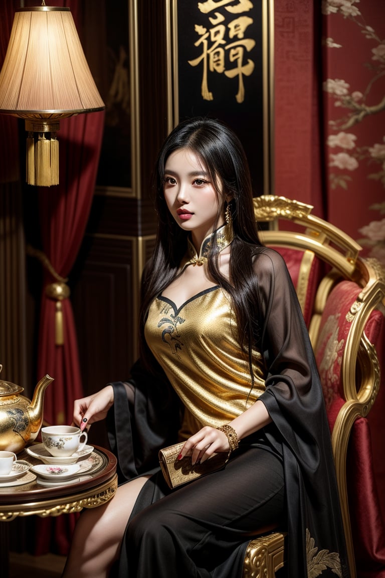 A beautiful Chinese woman with long black hair, wearing a warrior princess outfit, adorned with gold jewelry, sitting on a Chinese chair, in a luxurious room decorated with gold Chinese tea set and a sword laid on the table, with beautiful carved curtains.