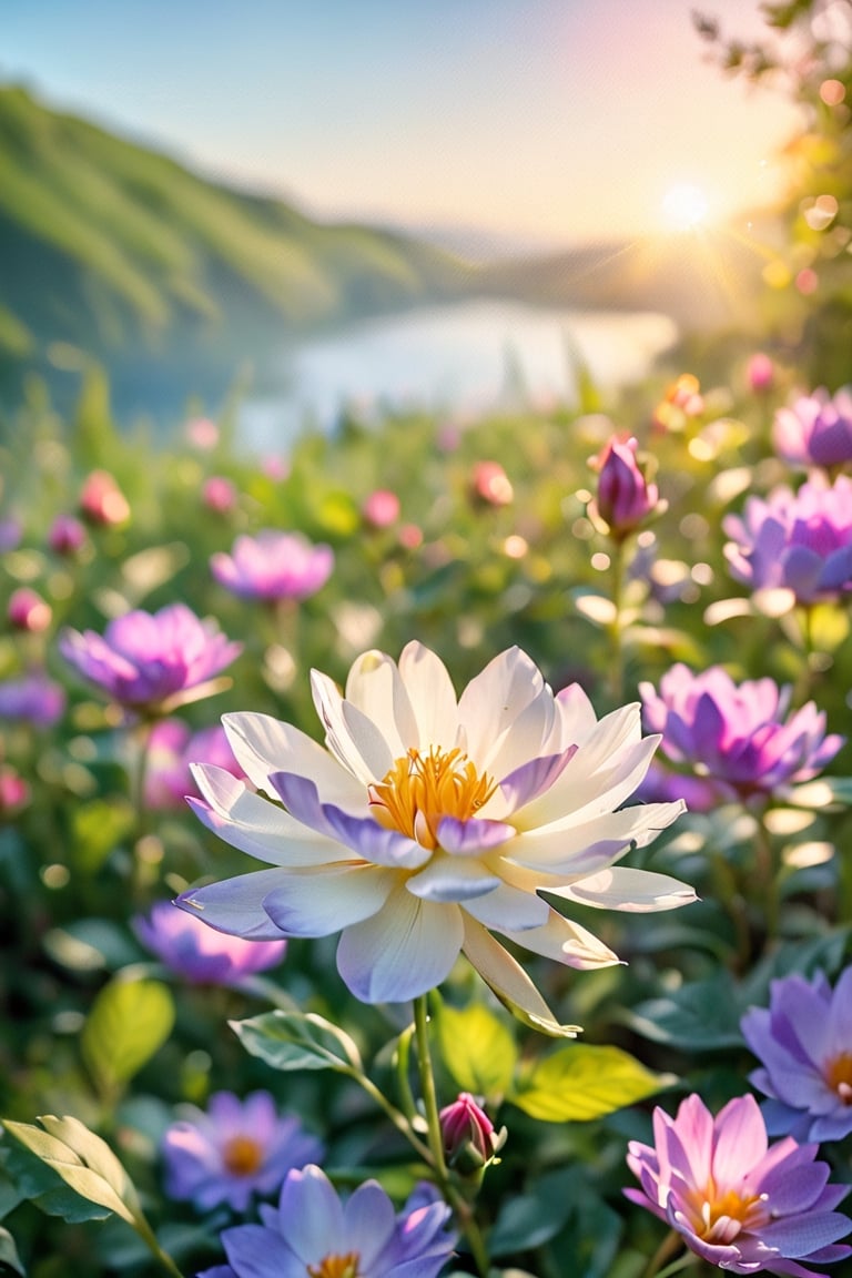 (best quality,8K,highres,masterpiece), ultra-detailed, outdoor, flower, a vibrant flower bathed in sunlight, set against a scenic outdoor backdrop. The flower is captured with a shallow depth of field, creating a blurry background that accentuates its beauty. Surrounding the flower are lush green leaves and branches, adding to the natural scenery and still life composition. The image evokes a sense of tranquility and serenity, inviting viewers to immerse themselves in the beauty of the outdoors.
