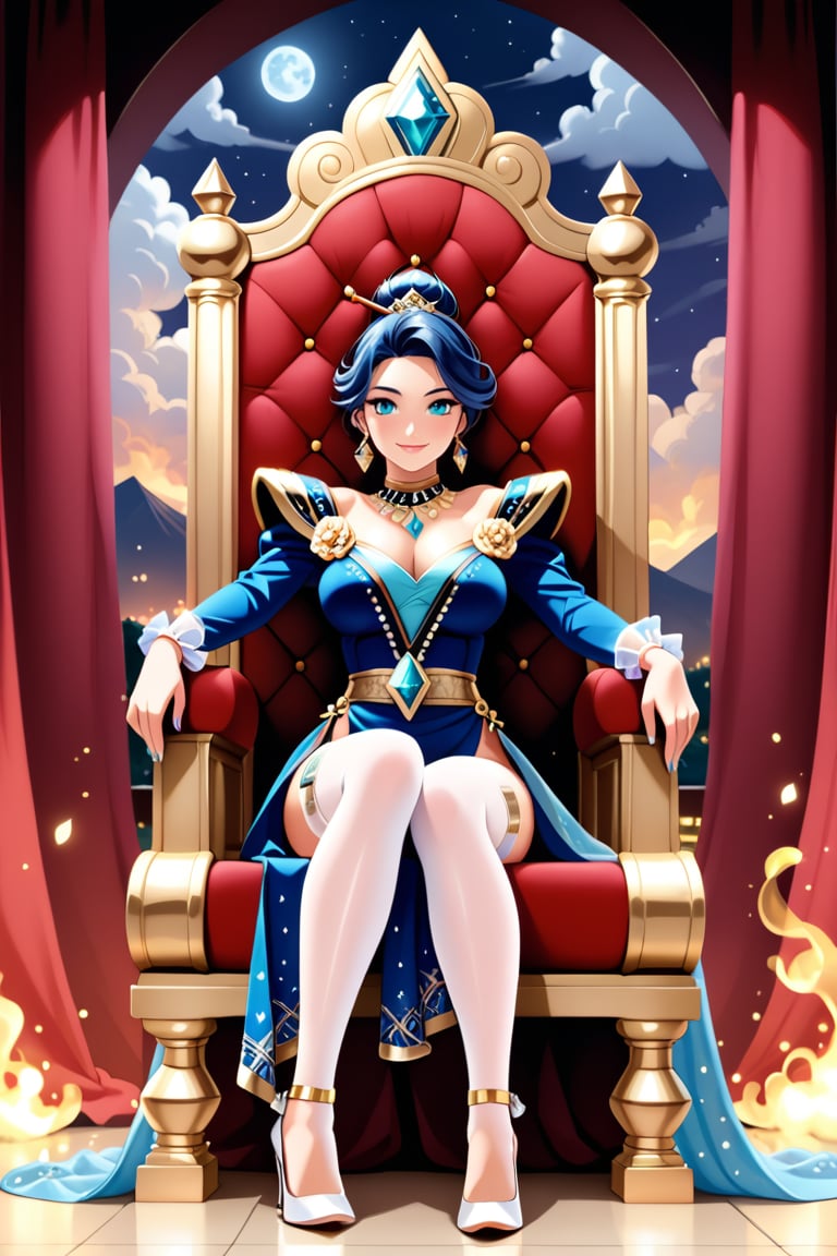 Full body image, oil painting of a beautiful Thai woman with a sweet smile.  Hair tied in a high bun tied with gold cloth decorated with gems, arms and cuffs decorated with diamonds, dressed in traditional Thai sabai, Borom Phiman, red, white, blue and gold, embroidered with beautiful diamond sequins.  , wearing white high heels, sitting on a big throne, neat and beautiful, with an elegant posture.  Dreamy atmosphere  Like heaven, thin clouds of smoke, a planetarium at night.