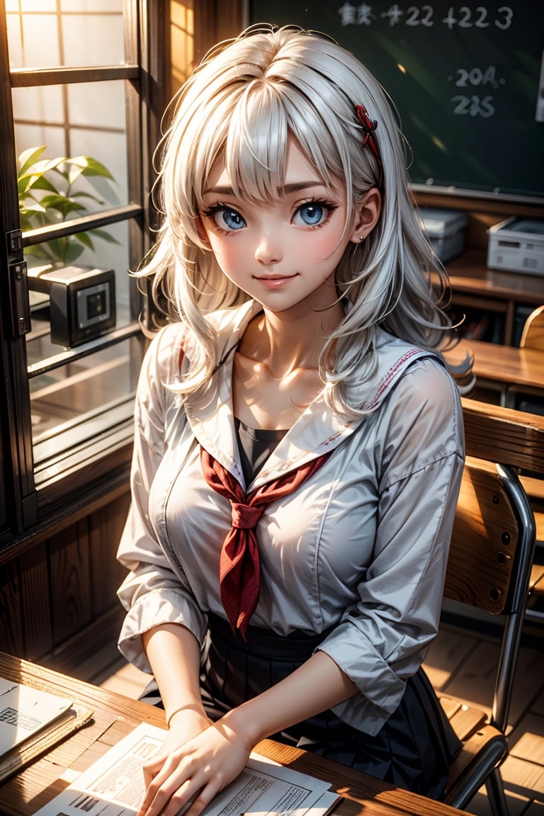 Real, realistic, 3D, Japanese Female, long curly hair, bangs, white hair, blue eyes, medium breast, smiling at look at viewer, sitting on table, School outfit, 