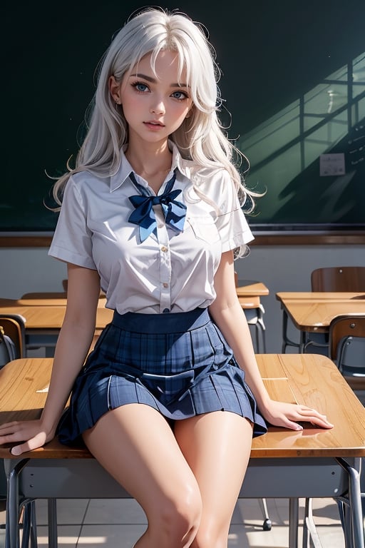 Colorful, female, masterpiece, best quality, ((solo, one woman )), (8k CG, extremely detailed), masterpiece, ultra-detailed, long curly hair, bangs, (cute:1.2), white hair, (blue eyes:1.2), medium breast, serious look at viewer, School outfit with skirt. Sitting on classroom desk