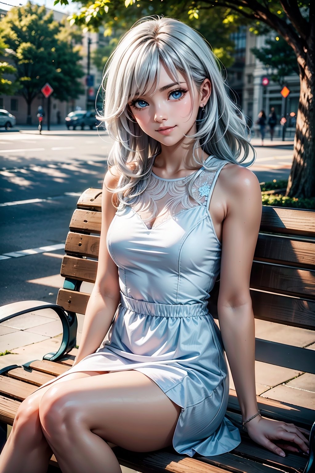 Real, realistic, Female, long curly hair, bangs, white hair, (blue eyes:1.2), medium breast, smiling at look at viewer, thin white dress, Sitting on park bench 