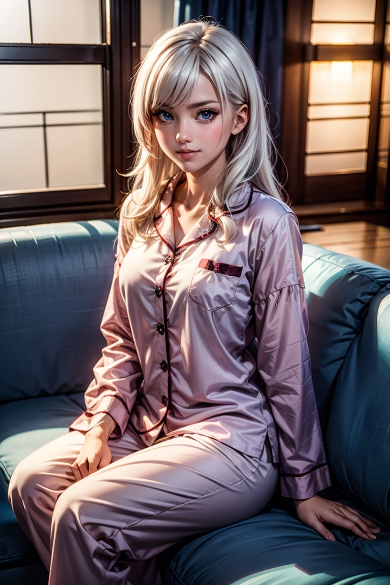Real, realistic, CGI, 3D Render, Japanese Female, long curly hair, bangs, white hair, blue eyes, medium breast, smiling at look at viewer, sitting on couch, pajamas 