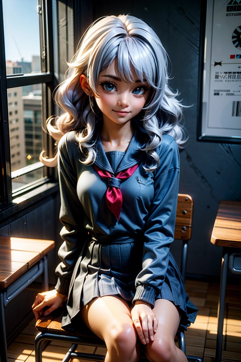 Real, realistic, CGI, 3D Render, Japanese Female, long curly hair, bangs, white hair, blue eyes, medium breast, smiling at look at viewer, sitting on table, School outfit, 