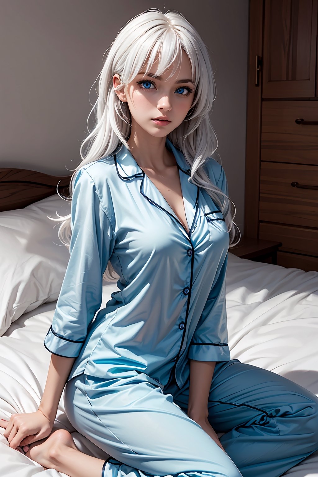 Colorful, female, masterpiece, best quality, ((solo, one woman )), (8k CG, extremely detailed), masterpiece, ultra-detailed, long curly hair, bangs, (cute:1.2), white hair, (blue eyes:1.2), medium breast, serious look at viewer, pajamas, Sitting on bed