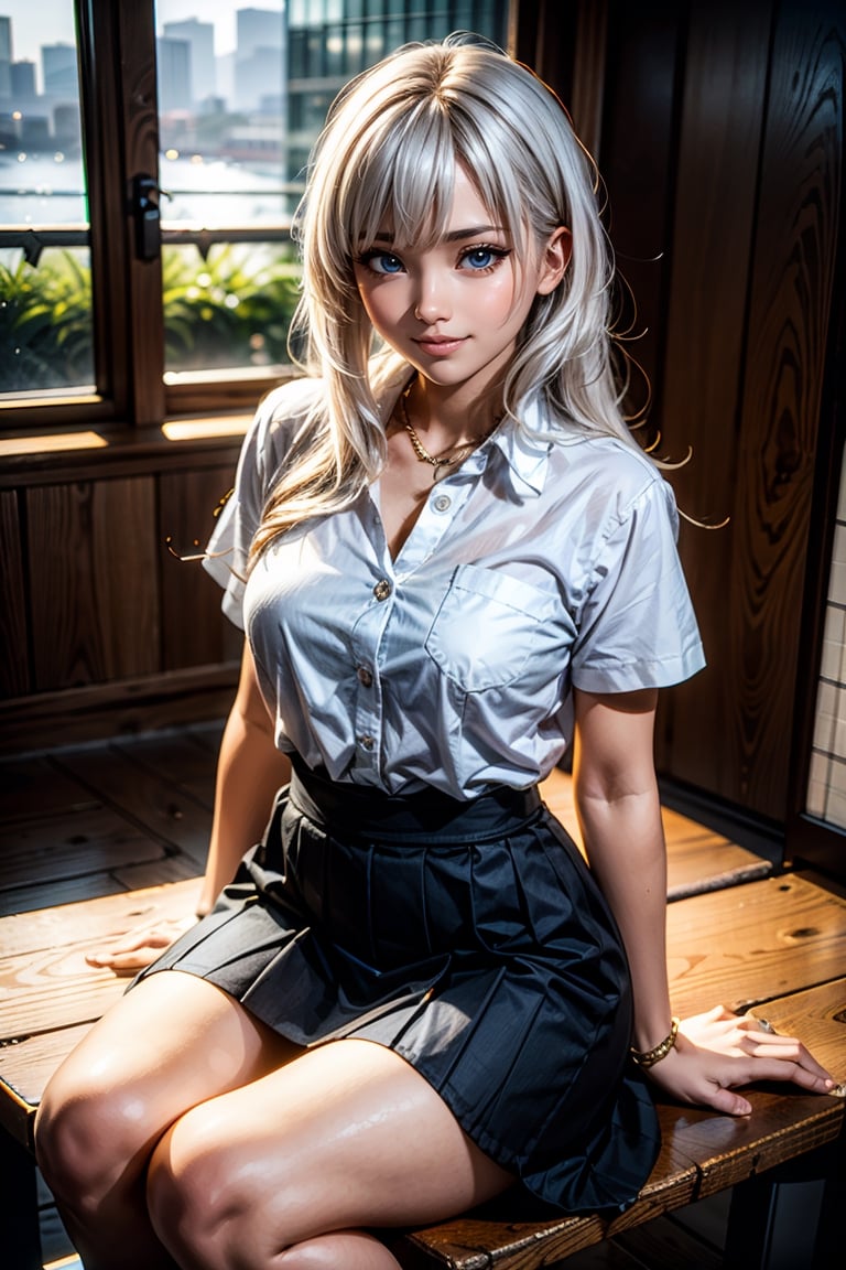 Real, realistic, Japanese Female, long curly hair, bangs, white hair, blue eyes, medium breast, smiling and looking at viewer, sitting on table, white shirt and skirt