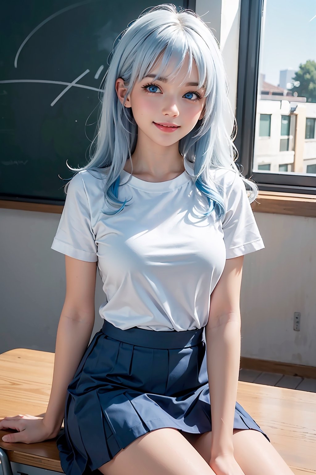 Colorful, female, masterpiece, best quality, ((solo, one woman )), (8k CG, extremely detailed), masterpiece, ultra-detailed, long curly hair, bangs, (cute:1.2), white hair, (blue eyes:1.2), medium breast, smiling at viewer, School outfit with skirt. Sitting on classroom desk