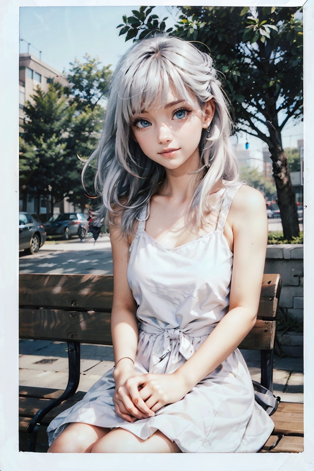 Real, realistic, Female, long curly hair, bangs, white hair, (blue eyes:1.2), medium breast, smiling at look at viewer, thin white dress, Sitting on park bench 