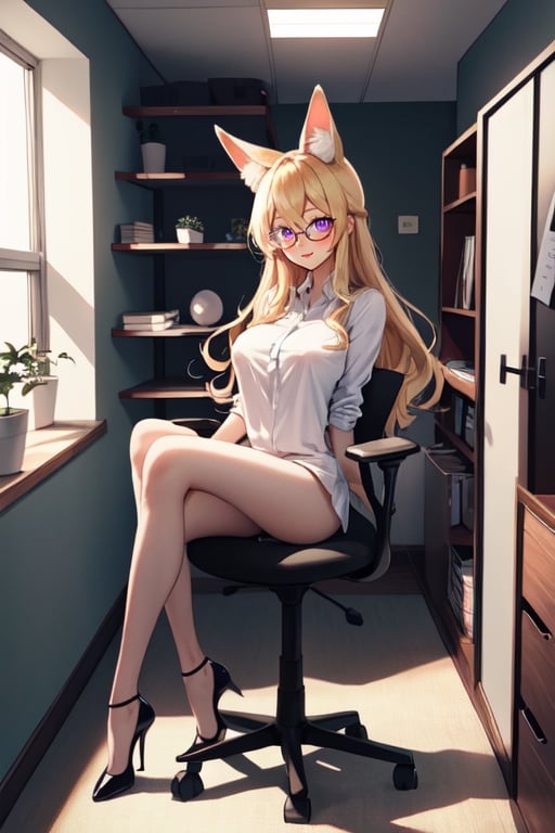 by oda non by yogisya, a very skinny girl looking out the window,  office, office outfit, sitting on a office chair, blonde hair, sexy, purple eyes, fox ears, fox tails, mature girl, glasses, indoors, narrow storage room, detailed background, twilight, intimacy, soft lighting, masterpiece, best quality, high quality, highres, very detailed, high resolution, sharp, sharp image, 8k, vivid, colorful, stunning, anime, aesthetic, skinny, full body, full-body_portrait, (purple eyes), big tits, big_boobs, big_breasts, big_ass, high_heels, 