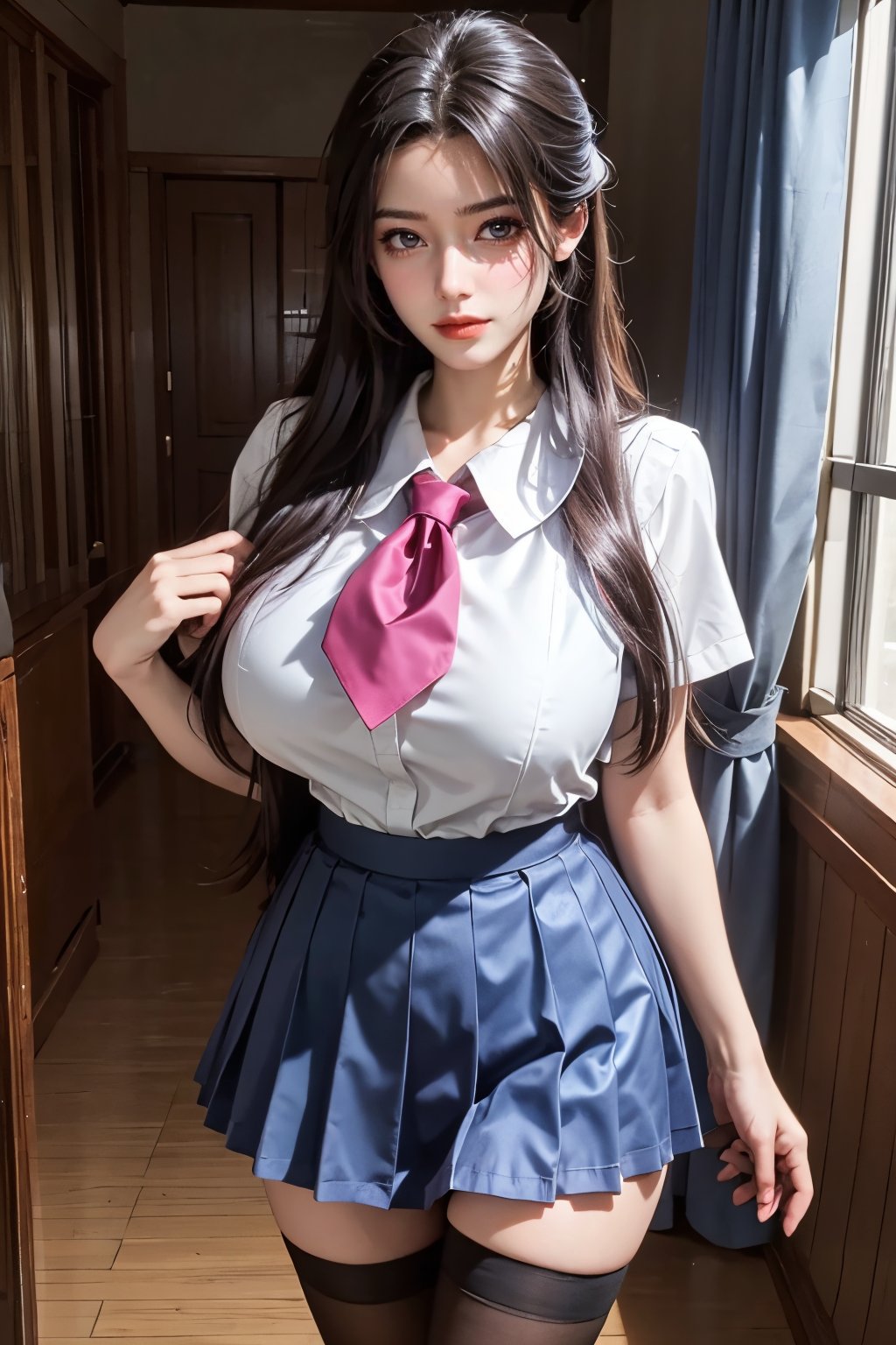 cinematic lighting, Surrealism, chiaroscuro, depth of field, Fujicolor, UHD, textured skin, anatomically correct, high details, award winning, super detail, 16k, retina, 4K, best quality，, solo, 1girl, thighhighs, pink neckerchief, skirt, school uniform, white thighhighs, kitauji high school uniform, pleated skirt,  neckerchief, loafers, photo background, standing, white shirt,  (big breasts:1.59)