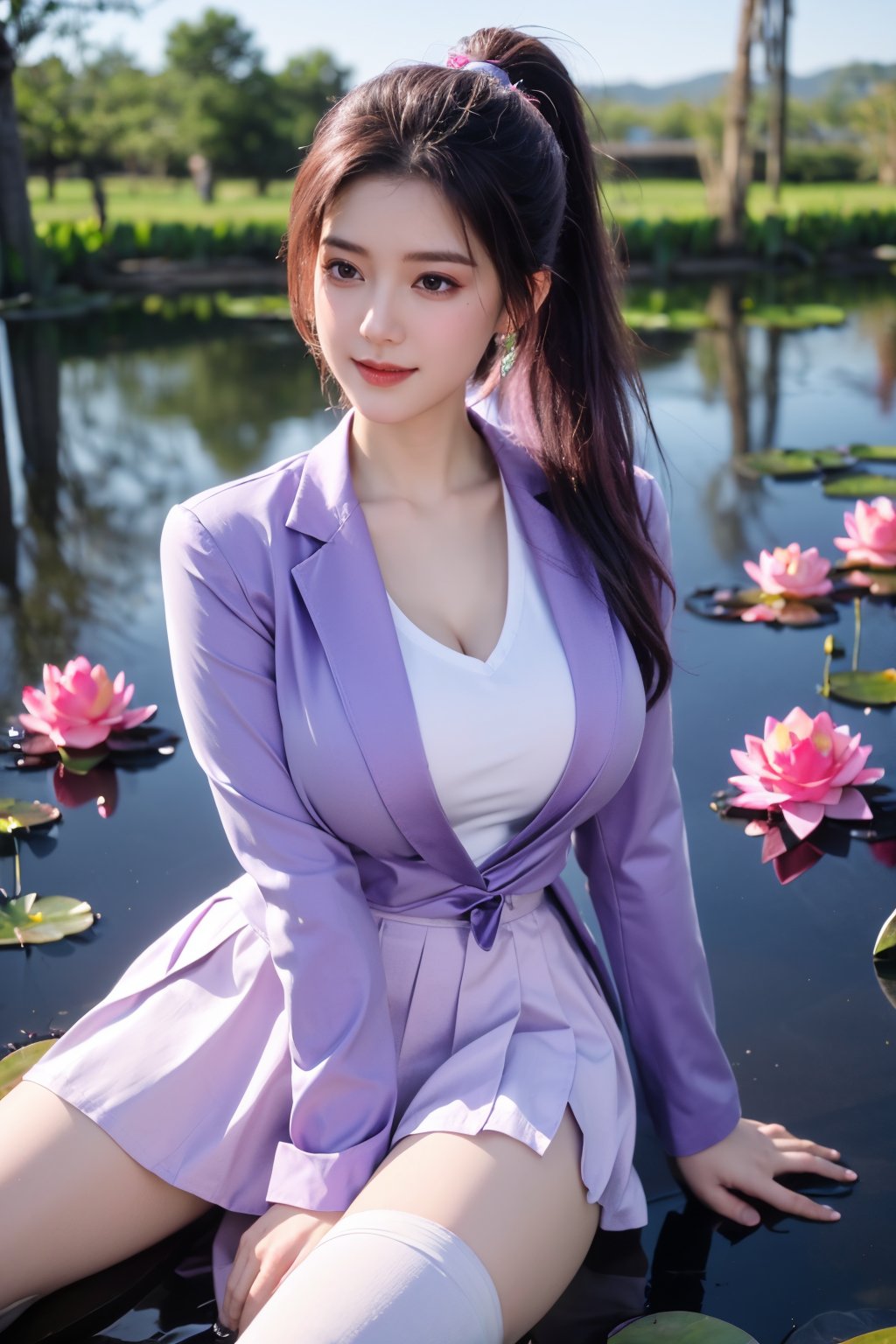 (masterpiece), (best quality),(ultra-detailed),(extremely detailed),(perfect anatomy),(super detailed skin),(detailed),(beautiful detailed eyes),1girl,solo,black hair,long hair,ponytail,black eyes,(big breasts:1.29),(light purple skirt),(school uniform:1.33), (light purple shirt:1.29),(purple blazer:1.23),thighhighs, (purple necktie:1.23), curvy, sitting, light smile, school,Xyunxiao, (big breasts:1.99),(lotus:1.39) ,(A pond full of pink lotus flowers:1.59),