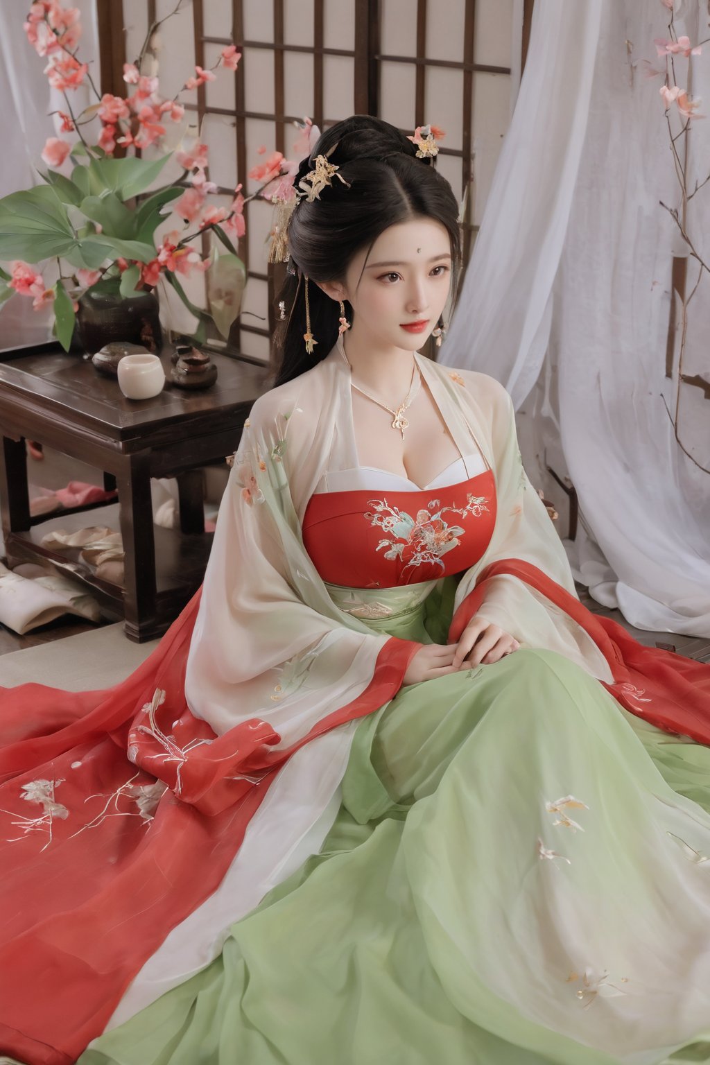 (masterpiece, best quality:1.2),1girl, solo, long hair, black hair,(huge breasts:1.89),Hairpins,necklace, hair ornament, dress, full body, flower, earrings, indoors, hair bun, (red-green dress:1.29),(Tube top Hanfu long skirt:1.1), pillow, bed, night, chinese clothes, table, branch,daxiushan, ,daxiushan style,(huge breasts:2.59), (full breasts:2.34), realistic,hanfu, daxiushan,Shoulders are exposed, , daxiushan, arien_hanfu,,More Reasonable Details,Xyunluo,Xningyudie