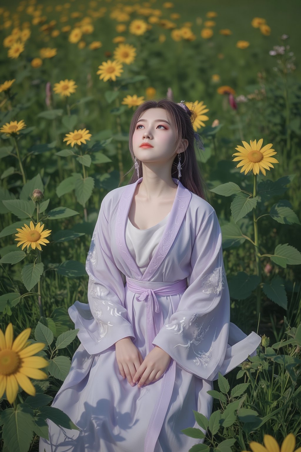 1 girl, (photorealistic:1.2), KOLNB, hanfu, light purple and white dominant, muted color, sit on the field of green grass and yellow sunflower, view from above, the girl looking up