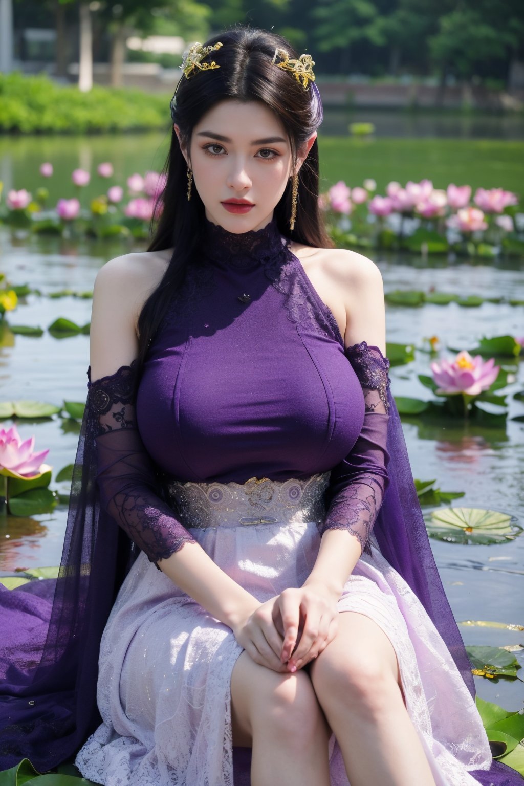 masterpiece,1girl,(mature female:0.5),tall body,full  body,golden proportions,(Kpop idol),(shiny skin:1.2),(oil skin:1.1),makeup,(close up),depth of field,(closed mouth:0.5),((long wavy purple hair)),(puffy eyes),(eyelashes:1.1),(parted lips:1.1),red lipstick,fantasy art style,dreamy light,(high neck purple wedding dress:1.59),(dark purple wedding dress:1.39),(purple lace:1.39),(All clothes are dark purple:1.39),(Purple wedding dress skirt:1.49),perfect body,(dreamy veil:1.3),(dusk:1.2),(princess shoes:1.1),(diamond necklace),(crystal hairpin),tyndall effect,highres,(Sitting on the grass by the river:1.50), (lotus pond full of lotus flowers:1.59), (big breasts:2.29),(lotus Flowers:1.69)